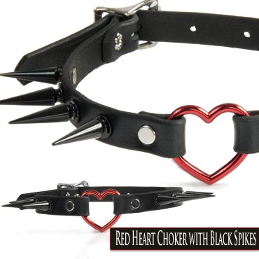 Leather choker with black spikes and red heart