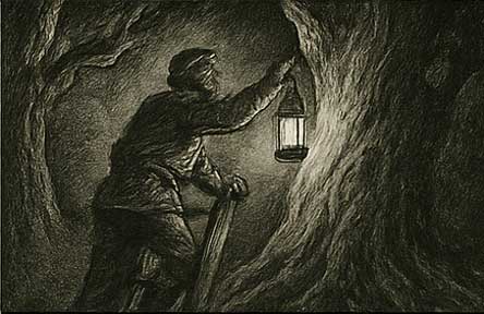 Victorian gardener peering into the ash tree with a lantern