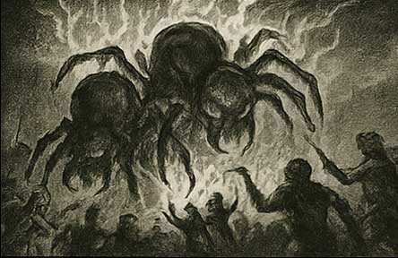 Huge flaming spiders pouring from a burning ash tree