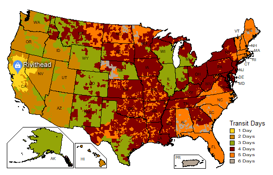 Rivithead shipping time in transit map