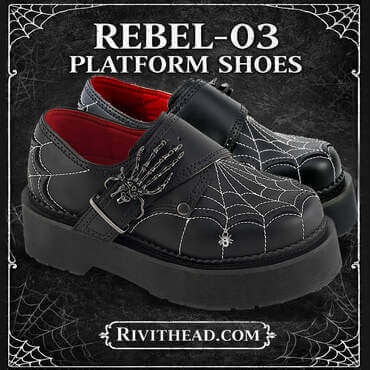 Black REBEL-03 platform oxford shoe with white spiderweb stitching, skeleton hand buckle strap, dangling spider charm, and chunky 2 inch stacked sole.