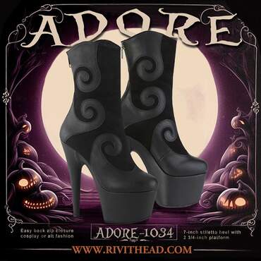 Adore-1034 black platform boots with swirling design, stiletto heel, and Halloween-inspired background with moonlit shadows.