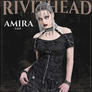 Model wearing the Amira Top, a black distressed gothic off shoulder shirt with chain accents and a front zipper closure.
