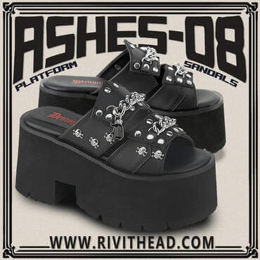 Black ASHES-08 chunky heel platform slide sandals with double straps featuring skull and crossbones studs and metal chain accents on a thick cut-out sole.