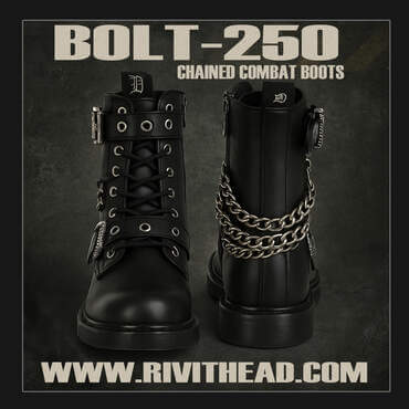 Black leather BOLT-250 combat boots with silver grommet buckles and chains draped around the back, displayed front and rear on a dark industrial background with faint hazard lines.