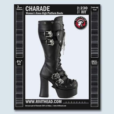 Demonia CHARADE-230 womens black platform knee-high boots with skull buckles, chains, and gothic block heels