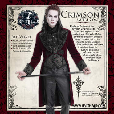 Model in a crimson velvet, knee-length tailcoat with black embroidered lapel and cuffs, single-breasted front and tailored silhouette, styled with high-collar layers; Rivithead branding on a vintage-style card.