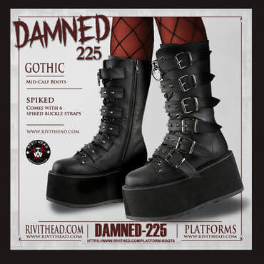 Black mid-calf platform boots with six spiked buckle straps, a chrome ring on the top strap, and a lace-up front.