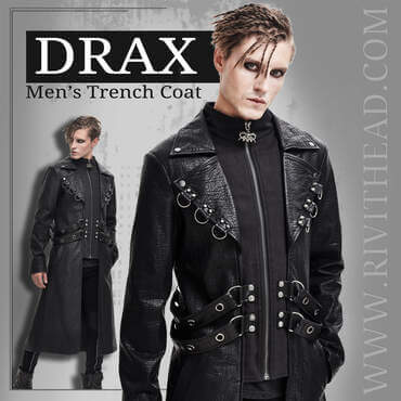 Black Drax trench coat with D-ring accents on both lapels, grommeted double straps on each side, full-zip front, and high collar.