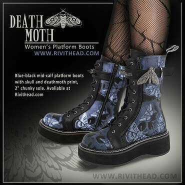 Blue-black mid-calf platform boots with skull and deathmoth print, 2" chunky sole, lace-up front, outer side zipper, and metal moth buckle strap with claw studs.