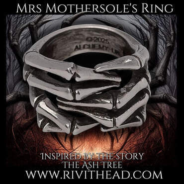 A gothic ring with skeletal or spider-like limbs, inspired by MR James' horror story The Ash Tree and perfect for Halloween fashion.