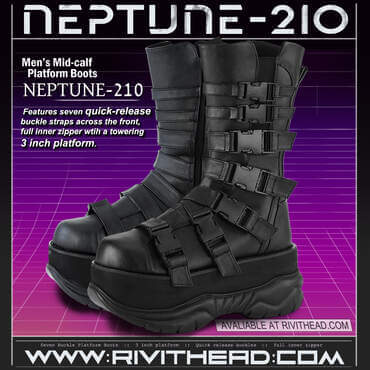 Demonia NEPTUNE-210 men's mid-calf platform boots with seven buckle straps and 3-inch sole