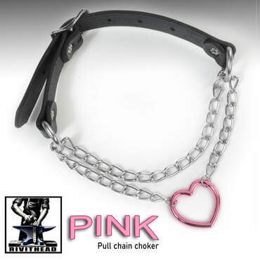 Leather choker with pull chain and pink heart