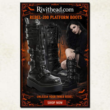 REBEL-200 is a black knee-high platform combat boot loaded with straps, skull hardware, and bold dark attitude.