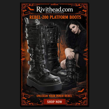 REBEL-200 is a black knee-high platform combat boot loaded with straps, skull hardware, and bold dark attitude.