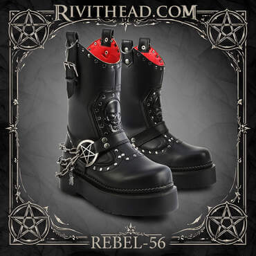 Women's black platform cowboy-style combat boots with skull detail, pentagram harness, chain accents, red interior lining, and thick 2-inch platform sole, shown in a gothic styled border design.