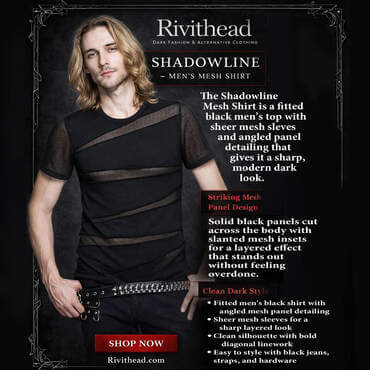 Man wearing a fitted black Shadowline mesh shirt with sheer sleeves and angled mesh panel detailing.