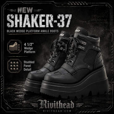 Black SHAKER-37 wedge platform ankle boot with lace-up front, padded collar, round flat studs, textured contrast panels, and chunky black sole.