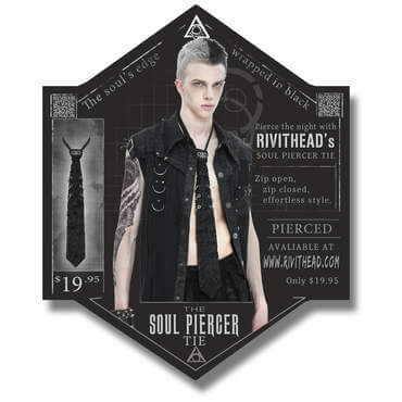 Black gothic Soul Piercer Tie with metal loops and demon embellishment, shown on a raised flyer.