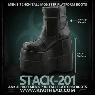 STACK-201 men’s 7-inch platform boots in black with side zip, shown against a dark grunge teal background with a faint biohazard symbol.