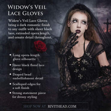 Model wearing long sheer black lace gloves with floral pattern, scalloped edges, and draped bead details, styled with a black dress and veil.