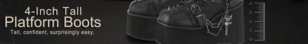 Close-up of 4-inch platform sole and toe cap on black lace-up boots