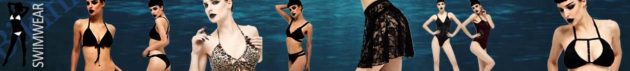 Gothic swimwear collection featuring dark bikinis, one-pieces, and alternative swim skirts.