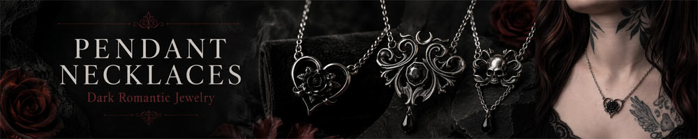 Close-up of gothic and alternative style pendant necklaces on display
