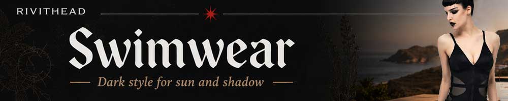 Gothic swimwear collection featuring dark bikinis, one-pieces, and alternative swim skirts.