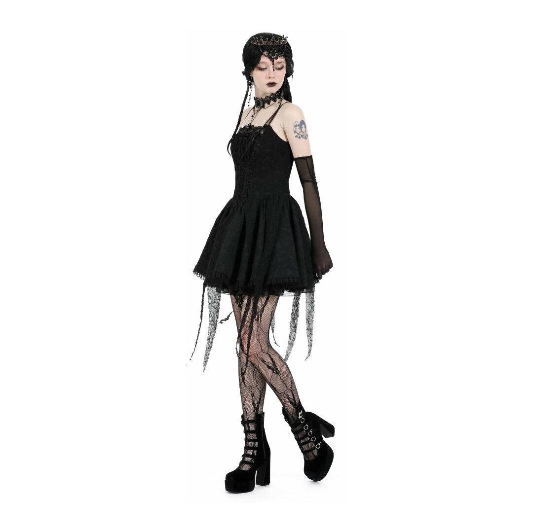 short goth dress Pretty Attitude Macabre Heartdrop Mini with Buckles and Lacing XXXL / Black hugging plaid fabric with a lace up gothic detail Goth Mini Dresses | Rivithead