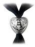 Bacchanal Rose Bracelet with silver heart charm engraved with ornate letter A on black ribbon