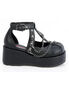 Black platform cage shoes with chains and buckles, featuring an open design and thick sole.