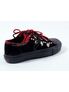 Left side view of DEVIANT-05 Plaid Suede Sneakers in black with red plaid trim and metal eyelets