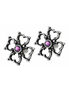 Elizabethan Cross Stud Earrings in antiqued silver tone with openwork cross design and purple center stone