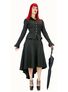 Dorina Steampunk Jacket in black with brass buttons, fitted waist, and peplum hem, shown front view