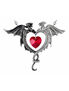 A silver pendant featuring two dragon figures surrounding a red heart-shaped gem.