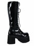 Left side view of RANGER-302 black patent boots with platform heel, front lacing, and side zipper