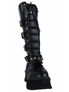 Front view of RAVAGE-II Black Zipper Boots with padded shaft, metal studs, buckles, and platform sole