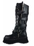 Left side view of RAVAGE-II Black Zipper Boots with platform sole, buckle straps, and exposed zippers