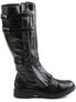 Full view of WALKER-130 black knee boots with smooth vegan leather, side zipper, and flat sole