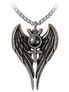 Angel of Mercury pendant necklace featuring silver wings and a central black gemstone.