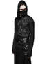 Black Apocalypse hoodie with hood up, face covering, long sleeves, and buckle details