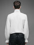 Back view of a man wearing a white ruffle shirt with long sleeves and a high collar