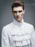 Front view of Ash Mens White Ruffle Shirt with high collar and layered ruffle details