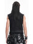 Back view of a person wearing a sleeveless black vest with long hair and a leather skirt.