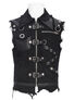 Black strap vest with multiple buckles, zippers, and metal accents, displayed on a mannequin.