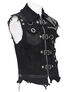 Black strap vest with multiple buckles and rings, featuring a sleeveless design and distressed edges.