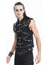 A model wearing a black strap vest with metal accents and a punk style, posing against a white background.
