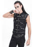 A model wearing a black strap vest with metal accents and studs, posing with a hand to the face.