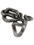 A detailed black ring featuring a snake design intertwined with a hammer motif.